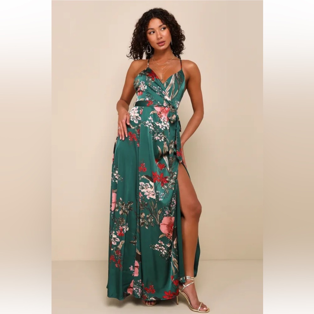 NWT Lulus Still the One Emerald Green Floral Print Satin Maxi Dress